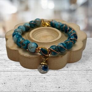 Handmade wirewrapped Elegant Blue and Gold Beaded Bracelet